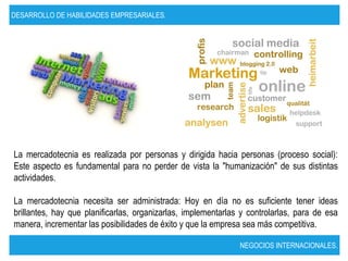 DESARROLLO DE HABILIDADES EMPRESARIALES.




La mercadotecnia es realizada por personas y dirigida hacia personas (proceso social):
Este aspecto es fundamental para no perder de vista la "humanización" de sus distintas
actividades.

La mercadotecnia necesita ser administrada: Hoy en día no es suficiente tener ideas
brillantes, hay que planificarlas, organizarlas, implementarlas y controlarlas, para de esa
manera, incrementar las posibilidades de éxito y que la empresa sea más competitiva.

                                                               NEGOCIOS INTERNACIONALES.
 