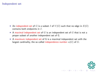 Hamiltonian graph 
I A two-factor in a graph G is a family C1; : : : ;Ck of cycles of G such that 
any vertex in G belongs to one and only one cycle Ci. 
I A two-factor of G consisting of only one cycle is a Hamiltonian cycle of G. 
I Let HG be the collection of Hamiltonian cycles in G, if HG6= ; then G is 
called Hamiltonian. 
 