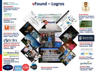 Semi-Finalista
MassChallenge Start-up
Competition –Boston2012

vFound – Logros
Semi-Finalista
Architecture Excelence
Awards – India -2011 y
2012

Ganadora OpenApp
Challenge –
Argentina 2012

Invitada 1er Misión
Comercial a Silicon
Valley – GCABA 2011

2da Posición Start-Up
Innovador Industria de
Media – Miami -2011

Emprendimiento del
Mes de la Ciudad de
Buenos Aires -2009

Ganadora “Empresa con
Mejores Perspectivas de
Negocio” Bolsa de
Comercio 2009

Ganadora “Fonsoft
Emprendedores 2009”

Ganadora Buenos Aires
Emprende 2008,
Competitividad/Innova
ción 2010

Seguinos @vFound

Speaker/Sponsor Eventos
2.0 en Argentina

Ganadora Beca
Primera Exportación
–Barcelona - 2009

 