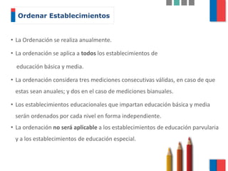 • La Ordenación se realiza anualmente.
• La ordenación se aplica a todos los establecimientos de
educación básica y media.
• La ordenación considera tres mediciones consecutivas válidas, en caso de que
estas sean anuales; y dos en el caso de mediciones bianuales.
• Los establecimientos educacionales que impartan educación básica y media
serán ordenados por cada nivel en forma independiente.
• La ordenación no será aplicable a los establecimientos de educación parvularia
y a los establecimientos de educación especial.
Ordenar Establecimientos
 