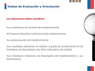 Las evaluaciones deben considerar:
•Las condiciones de contexto del establecimiento
•El Proyecto Educativo Institucional del establecimiento
•La autoevaluación del establecimiento
•Los resultados educativos en relación al grado de cumplimiento de los
Estándares de Aprendizaje y los Otros Indicadores de Calidad
•Los Estándares Indicativos de Desempeño del Establecimiento y sus
Sostenedores
Visitas de Evaluación y Orientación
 