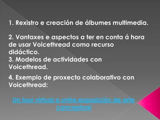 1. Rexistro e creación de álbumes multimedia.
2. Vantaxes e aspectos a ter en conta á hora
de usar Voicethread como recurso
didáctico.
3. Modelos de actividades con
Voicethread.
4. Exemplo de proxecto colaborativo con
Voicethread:
Un tour virtual a unha exposición de arte
conceptual
 