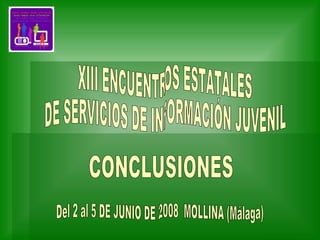 XIII ENCUENTROS ESTATALES DE SERVICIOS DE INFORMACIÓN JUVENIL Del 2 al 5 DE JUNIO DE 2008  MOLLINA (Málaga) CONCLUSIONES 