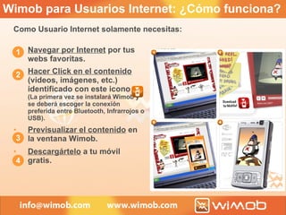 Wimob para Usuarios Internet: ¿Cómo funciona?  Como Usuario Internet solamente necesitas: Navegar por Internet  por tus webs favoritas. Hacer Click en el contenido   (videos, imágenes, etc.)  identificado con este icono  (La primera vez se instalará  Wimob y se deberá escoger la conexión preferida entre Bluetooth, Infrarrojos o USB). Previsualizar el contenido  en la ventana Wimob. Descargártelo  a tu móvil gratis. 1 2 3 4 