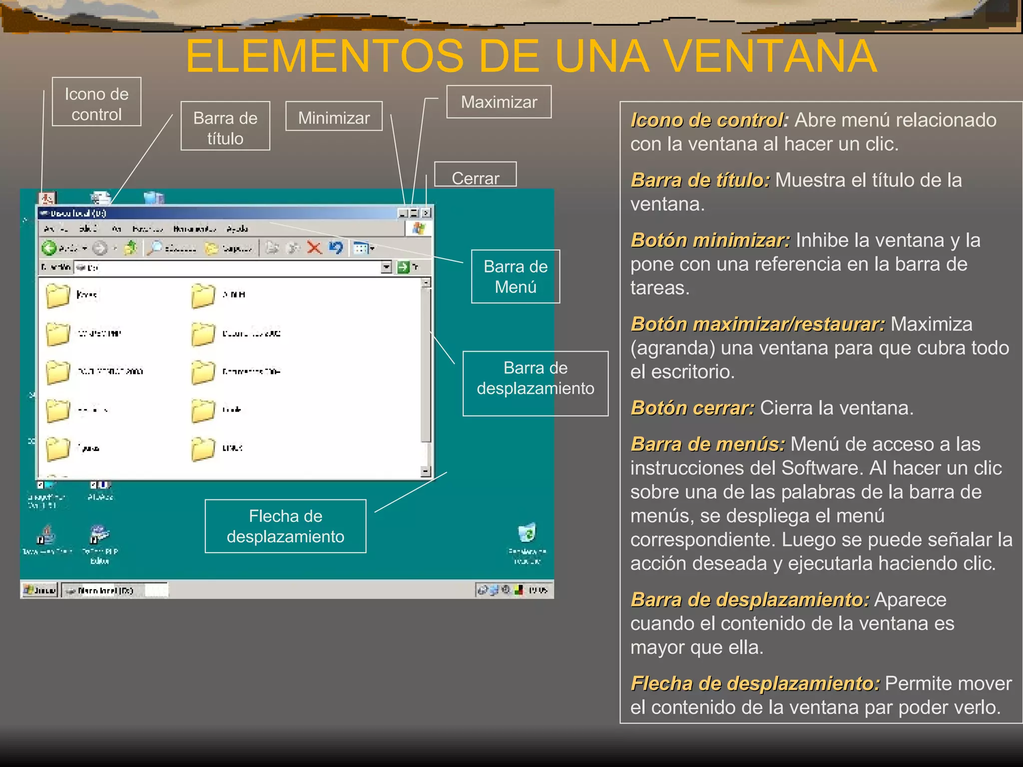 ELEMENTOS DE UNA VENTANA   Icono de control Barra de título Minimizar Maximizar Cerrar Barra de Menú Barra de desplazamiento Flecha de desplazamiento Icono de control :  Abre menú relacionado con la ventana al hacer un clic. Barra de título:  Muestra el título de la ventana. Botón minimizar:  Inhibe la ventana y la pone con una referencia en la barra de tareas.  Botón maximizar/restaurar:  Maximiza (agranda) una ventana para que cubra todo el escritorio. Botón cerrar:  Cierra la ventana. Barra de menús:  Menú de acceso a las instrucciones del Software. Al hacer un clic sobre una de las palabras de la barra de menús, se despliega el menú correspondiente. Luego se puede señalar la acción deseada y ejecutarla haciendo clic.  Barra de desplazamiento:  Aparece cuando el contenido de la ventana es mayor que ella. Flecha de desplazamiento:  Permite mover el contenido de la ventana par poder verlo.   