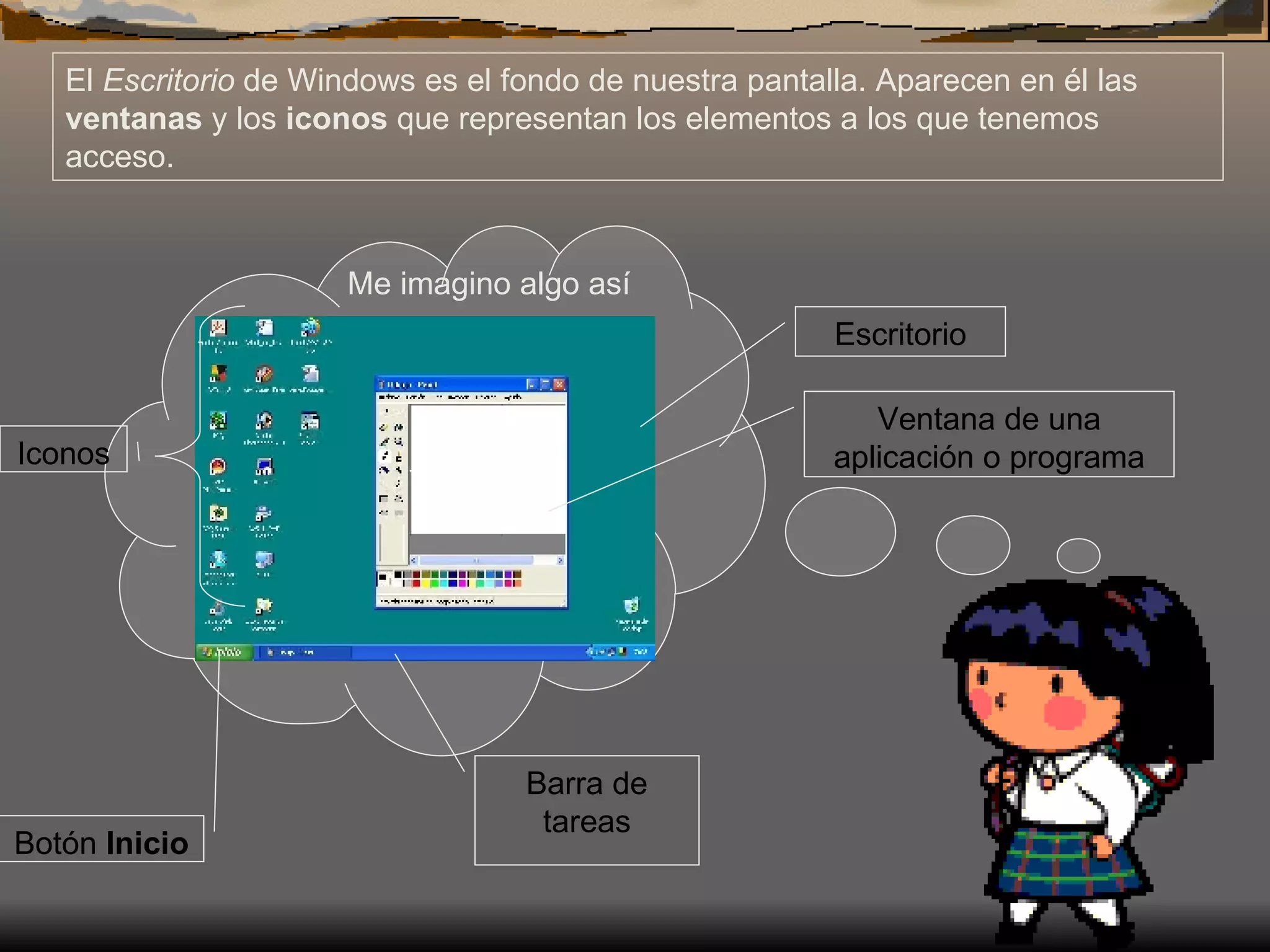 El  Escritorio  de Windows es el fondo de nuestra pantalla. Aparecen en él las  ventanas  y los  iconos  que representan los elementos a los que tenemos acceso.  Me imagino algo así Escritorio Botón  Inicio Ventana de una aplicación o programa Barra de tareas Iconos 