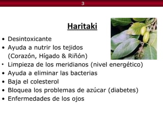 Haritaki Desintoxicante  Ayuda a nutrir los tejidos (Corazón, Hígado & Riñón)  Limpieza de los meridianos (nivel energético) Ayuda a eliminar las bacterias Baja el colesterol Bloquea los problemas de azúcar (diabetes) Enfermedades de los ojos 3 