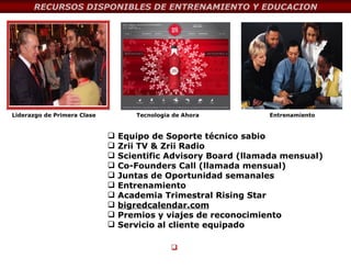 Equipo de Soporte técnico sabio Zrii TV & Zrii Radio Scientific Advisory Board (llamada mensual) Co-Founders Call (llamada mensual) Juntas de Oportunidad semanales Entrenamiento Academia Trimestral Rising Star bigredcalendar.com Premios y viajes de reconocimiento Servicio al cliente equipado Liderazgo de Primera Clase   Tecnologia de Ahora     Entrenamiento  RECURSOS DISPONIBLES DE ENTRENAMIENTO Y EDUCACION 