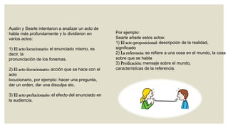 Austin y Searle intentaron a analizar un acto de
habla más profundamente y lo dividieron en
varios actos:

1) El acto locucionario: el enunciado mismo, es
decir, la
pronunciación de los fonemas.
2) El acto ilocucionario: acción que se hace con el
acto
locucionario, por ejemplo: hacer una pregunta,
dar un orden, dar una disculpa etc.

3) El acto perlucionario: el efecto del enunciado en
la audiencia.

Por ejemplo:
Searle añade estos actos:
1) El acto proposicional: descripción de la realidad,
significado
2) La referencia: se refiere a una cosa en el mundo, la cosa
sobre que se habla
3) Predicación: mensaje sobre el mundo,
características de la referencia.

 