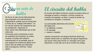 Macro acto de
habla
Se da en el caso de los telenoticiarios
que presentan una estructuración
fragmentaria, puesto que se construyen
a modo de un "collage informativo", en
el cual las noticias son fragmentos que
se yuxtaponen, siguiendo un
ritmo visual más ralentizado que el del
video-clip.
Funcionan como conectores a nivel
de superficie los locutores, la cortina
musical, el isotipo del noticiero
sobreimpreso en la pantalla; pero el
que asegura la coherencia global es el
macro-acto de habla que atraviesa
todo el programa: informar, "hacer
saber".

El circuito del habla
El circuito del habla comienza cuando el emisor lanza un
mensaje al oyente o receptor y ermina cuando se
invierten los papeles, es decir, cuando el emisor se
convierte en receptor y viceversa.
Los principales elementos del circuito
del habla son:
 el hablante o emisor
 El mensaje
 oyente o receptor

cuando conocemos una lengua tenemos dentro de
nuestra mente todo un repertorio de signos lingüísticos
que sirven tanto para formar un mensaje como para
descifrarlo, a todo ello se le da el nombre de código.

 