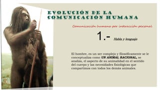 EVOLUCIÓN DE LA
COMUNICACIÓN HUMANA
Comunicación humana por interacción personal

1.-

Habla y lenguaje

El hombre, es un ser complejo y filosóficamente se le
conceptualiza como UN ANIMAL RACIONAL, se
analiza, el aspecto de su animalidad en el sentido
del cuerpo y las necesidades fisiológicas que
compartimos con todos los demás animales.

 