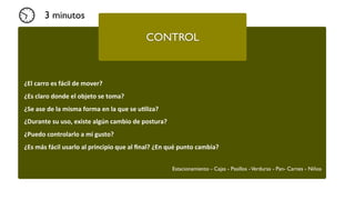 ¿El	
  carro	
  es	
  fácil	
  de	
  mover?
¿Es	
  claro	
  donde	
  el	
  objeto	
  se	
  toma?
¿Se	
  ase	
  de	
  la	
  misma	
  forma	
  en	
  la	
  que	
  se	
  uEliza?
¿Durante	
  su	
  uso,	
  existe	
  algún	
  cambio	
  de	
  postura?
¿Puedo	
  controlarlo	
  a	
  mi	
  gusto?
¿Es	
  más	
  fácil	
  usarlo	
  al	
  principio	
  que	
  al	
  ﬁnal?	
  ¿En	
  qué	
  punto	
  cambia?
CONTROL
Estacionamiento - Cajas - Pasillos -Verduras - Pan- Carnes - Niños
3 minutos
 