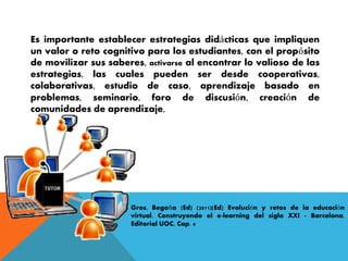 Es importante establecer estrategias didácticas que impliquen 
un valor o reto cognitivo para los estudiantes, con el propósito 
de movilizar sus saberes, activarse al encontrar lo valioso de las 
estrategias, las cuales pueden ser desde cooperativas, 
colaborativas, estudio de caso, aprendizaje basado en 
problemas, seminario, foro de discusión, creación de 
comunidades de aprendizaje, 
Gros, Begoña (Ed) (2011)(Ed) Evolución y retos de la educación 
virtual. Construyendo el e-learning del siglo XXI - Barcelona, 
Editorial UOC, Cap. 4 
