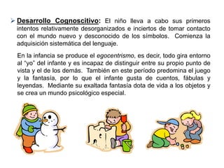  Desarrollo Cognoscitivo: El niño lleva a cabo sus primeros
  intentos relativamente desorganizados e inciertos de tomar contacto
  con el mundo nuevo y desconocido de los símbolos. Comienza la
  adquisición sistemática del lenguaje.
  En la infancia se produce el egocentrismo, es decir, todo gira entorno
  al “yo” del infante y es incapaz de distinguir entre su propio punto de
  vista y el de los demás. También en este período predomina el juego
  y la fantasía, por lo que el infante gusta de cuentos, fábulas y
  leyendas. Mediante su exaltada fantasía dota de vida a los objetos y
  se crea un mundo psicológico especial.
 