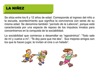 LA NIÑEZ

Se sitúa entre los 6 y 12 años de edad. Corresponde al ingreso del niño a
la escuela, acontecimiento que significa la convivencia con seres de su
misma edad. Se denomina también “período de la Latencia”, porque está
caracterizada por una especie de reposo de los impulsos innatos para
concentrarnos en la conquista de la sociabilidad.
La sociabilidad que comienza a desarrollar es “egocéntrica”: “Todo sale
de mí y vuelve a mí”, “Te doy para que me des”. Sus mejores amigos son
los que le hacen jugar, le invitan al cine o un helado”.
 
