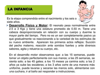 LA INFANCIA

Es la etapa comprendida entre el nacimiento y los seis o
siete años.
 Desarrollo Físico y Motor: El neonato pesa normalmente entre
  2.5 a 3 Kgs y tiene una estatura promedio de 0.50 m. Tiene una
  cabeza desproporcionada en relación con su cuerpo y duerme la
  mayor parte del tiempo. Pero no es un ser completamente pasivo ya
  que gradualmente va reaccionando a la variedad de los estímulos de
  su nuevo ambiente. Aparecen los primeros actos reflejos: Succión
  del pecho materno, reacción ante sonidos fuertes y ante diversos
  sabores, agita y retuerce su cuerpo, etc.

  En el desarrollo motor observamos que: a las 15 semanas, puede
  tomar un objeto perfectamente con sus manos; a las 25 semanas, se
  sienta solo; a las 45 gatea; a los 15 meses ya camina solo; a los 2
  años ya sube las escaleras; a los 3 años corre de una manera más
  uniforme, puede lavarse y secarse las manos solo, alimentarse con
  una cuchara, ir al baño así responder a instrucciones.
 