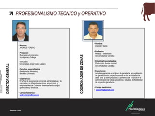 PROFESIONALISMO TECNICO y OPERATIVO
DIRECTORGENERAL
• Nombre:
ANDRES FORERO
• Profesión:
Business Administration
Montgomery College
Mercadeo
Universidad Jorge Tadeo Lozano
• Estudios especializados
Relationship Marketing
Berckley University
• Experiencia:
31 años de experiencia comercial, administrativa y de
mercadeo en diferentes sectores económicos y
empresariales de Colombia desempeñando cargos
gerenciales y directivos.
• Coreo electrónico:
andresforero@me.com
COORDINADORDEZONAS
• Nombre:
FREDDY RIOS
• Profesión:
Medico – Veterinario
Universidad de Córdoba
• Estudios Especializados:
Producción bovina tropical
Universidad de Córdoba
• Experiencia:
Amplia experiencia en el área de ganadería en explotación
de ganado bovino, específicamente en las actividades de
ceba cría y doble propósito. Experiencia de 14 años en la
administración de hatos ganaderos y estudios de factibilidad
de proyectos ganaderos.
• Correo electrónico:
• asesorfig@gmail.com
 