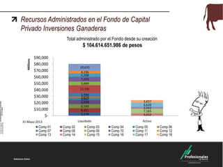 Recursos Administrados en el Fondo de Capital
Privado Inversiones Ganaderas
5,278
6,451
6,143
6,698
3,0622,079
5,994
11,591
5,669
7,376
5,208
4,236
10,633
3,652
7,165
2,922
6,620
3,837
$-
$10,000
$20,000
$30,000
$40,000
$50,000
$60,000
$70,000
$80,000
$90,000
Liquidado Activo
Millions
Comp 01 Comp 02 Comp 03 Comp 04 Comp 05 Comp 06
Comp 07 Comp 08 Comp 09 Comp 10 Comp 11 Comp 12
Comp 13 Comp 14 Comp 15 Comp 16 Comp 17 Comp 18
Total administrado por el Fondo desde su creación
$ 104.614.651.986 de pesos
31 Mayo 2013
 