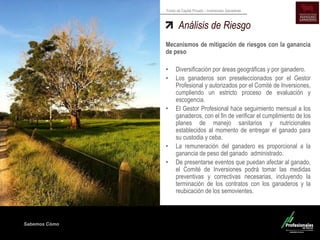 Sabemos Cómo 
Fondo de Capital Privado – Inversiones Ganaderas Análisis de Riesgo 
Mecanismos de mitigación de riesgos con la ganancia de peso 
•Diversificación por áreas geográficas y por ganadero. 
•Los ganaderos son preseleccionados por el Gestor Profesional y autorizados por el Comité de Inversiones, cumpliendo un estricto proceso de evaluación y escogencia. 
•El Gestor Profesional hace seguimiento mensual a los ganaderos, con el fin de verificar el cumplimiento de los planes de manejo sanitarios y nutricionales establecidos al momento de entregar el ganado para su custodia y ceba. 
•La remuneración del ganadero es proporcional a la ganancia de peso del ganado administrado. 
•De presentarse eventos que puedan afectar al ganado, el Comité de Inversiones podrá tomar las medidas preventivas y correctivas necesarias, incluyendo la terminación de los contratos con los ganaderos y la reubicación de los semovientes.  
