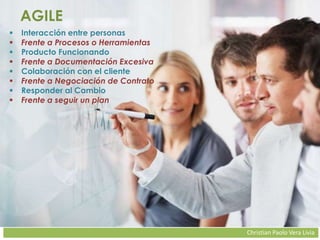 Christian Paolo Vera Livia
AGILE
 Interacción entre personas
 Frente a Procesos o Herramientas
 Producto Funcionando
 Frente a Documentación Excesiva
 Colaboración con el cliente
 Frente a Negociación de Contrato
 Responder al Cambio
 Frente a seguir un plan
 