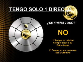 TENGO SOLO 1 DIRECTO
¿SE FRENA TODO?
NO
1º Porque un referido
Siempre sigue a su
Patrocinador
2º Porque no son personas,
Son COMPRAS
 