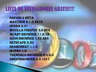 Safari 4 Beta<br />Maxthon 2.1.3.2418<br />Opera 9.51<br />Mozilla Firefox 3.0 RC2<br />Avant Browser 11.6.13<br />Acoo Br...