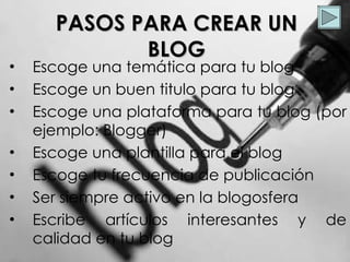 PASOS PARA CREAR UN BLOG Escoge una tem ática para tu blog Escoge un buen titulo para tu blog Escoge una plataforma para tu blog (por ejemplo: Blogger) Escoge una plantilla para el blog Escoge tu frecuencia de publicación Ser siempre activo en la blogosfera Escribe artículos interesantes y de calidad en tu blog
