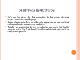 OBJETIVOS ESPECÍFICOS
 Informar los datos de los promedios de los grados decimos
respectivamente en cada grupo.
 Saber el promedio de la perdida en la asignatura de matemáticas
en los grados decimos en cada modalidad.
 Tabular los promedios de los estudiantes que en la institución
sacaron entre 5 y 0 de la calificación en el área de matemáticas
en el primer periodo.
 