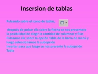 Insersion de tablas
Pulsando sobre el icono de tablas,

 después de pulsar clic sobre la flecha se nos presentara
la posibilidad de elegir la cantidad de columnas y filas
Pulsamos clic sobre la opción Tabla de la barra de menú y
luego seleccionamos la subopción
Insertar para que luego se nos presente la subopción
Tabla
 
