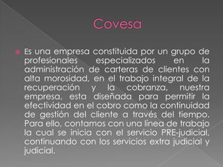  SOBRE LA IRRECUPERABILIDAD DE ALGUN CRÉDITO.DERIVAMIENTO AL AREA JUDICIAL O PREJUDICIAL AREA PRE-JUDICIAL:A) COBRANZA TELEFÓNICA (GRUPO SELECTO DE CLIENTES  PRIMERA VEZ EN 		     MORA).			B) COBRANZA DOMICILIARIA (CLIENTES CON MAYOR TIEMPO DE 			    MOROSIDAD, INCLUYE ENVIO DE NOTIFICACIONES,CARTAS NOTARIALES, 		    INVITACIONES A NEGOCIAR, ETC). AREA JUDICIALA) FORMACIÓN DEL FALSO EXPEDIENTE			B) INVESTIGACIONES PREVIAS (RR .PP., PREDIAL, VEHICULAR, RENIEC			    INFOCORP)			C) DEFINICION DEL PROCESO A ENTABLAR (EJECUCION DE GARANTIAS,   		    EJECUTIVO, ODSD.
