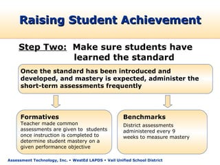 Raising Student Achievement

     Step Two: Make sure students have
               learned the standard
      Once the standard has been introduced and
      developed, and mastery is expected, administer the
      short-term assessments frequently




      Formatives                                      Benchmarks
      Teacher made common                             District assessments
      assessments are given to students               administered every 9
      once instruction is completed to                weeks to measure mastery
      determine student mastery on a
      given performance objective

Assessment Technology, Inc.  WestEd LAPDS  Vail Unified School District
 