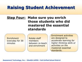 Raising Student Achievement

     Step Four: Make sure you enrich
                those students who did
                mastered the essential
                standards
                                                             Enrichment activities
     Enrichment                 Rotate staff                 are designed to
     everyday for 30            members                      accelerate learning for
     minutes                    between re-teach             higher thinking skills or
                                and enrichment               activities on the
                                                             mastered essential
                                                             standards.



Assessment Technology, Inc.  WestEd LAPDS  Vail Unified School District
 