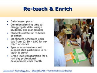 Re-teach & Enrich

   • Daily lesson plans
   • Common planning time to
     disaggregate data, assign
     students, and plan lessons
   • Students rotate for re-teach
     or enrich
   • 30 minutes scheduled each
     day from 12:30 - 1:00 for re-
     teach or enrich
   • Special area teachers and
     support staff participate in re-
     teach & enrich
   • Grade level collaboration for a
     half day professional
     development each month


Assessment Technology, Inc.  WestEd LAPDS  Vail Unified School District
 