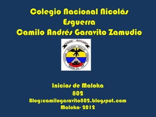Colegio Nacional Nicolás
          Esguerra
Camilo Andrés Garavito Zamudio




           Inicios de Maloka
                   802
   Blog:camilogaravito802.blogspot.com
              Maloka- 2012
 