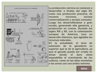 La producción cárnica se comenzó a
desarrollar a finales del siglo XV,
como una producción precaria, de
escasos        recursos,      escasa
comercialización y escaso consumo.
Luego fue desarrollándose a gran
escala, generando alta ganancia, y
producción en creces. Durante los
siglos XIX y XX, con la colonización
europea de América, tuvo un
desarrollo intensivo, que agotaba los
recursos naturales.
En la actualidad, el área de
extensión de la ganadería es
superior que la de la agricultura, ya
que el ganado puede ser criado en
áreas     donde    el   duro    clima
imposibilita el crecimiento de los
cultivos, como en las altas montañas
o las zonas con una aridez extrema.

                           MENÚ
 