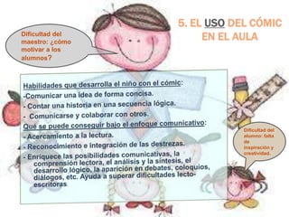 5. EL USO DEL CÓMIC
Dificultad del
maestro: ¿cómo
                      EN EL AULA
motivar a los
alumnos?




                             Dificultad del
                             alumno: falta
                             de
                             inspiración y
                             creatividad.
 