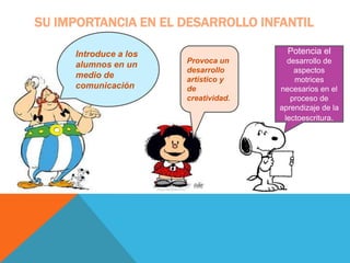 SU IMPORTANCIA EN EL DESARROLLO INFANTIL

     Introduce a los                    Potencia el
                       Provoca un       desarrollo de
     alumnos en un
                       desarrollo         aspectos
     medio de          artístico y        motrices
     comunicación.     de             necesarios en el
                       creatividad.      proceso de
                                      aprendizaje de la
                                       lectoescritura.
 