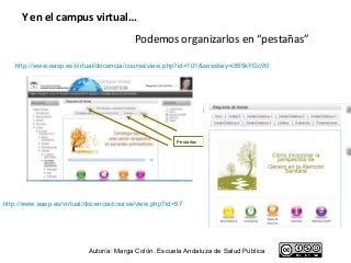 Y en el campus virtual…
                                         Podemos organizarlos en “pestañas”

   http://www.easp.es/virtual/docencia/course/view.php?id=101&sesskey=i855kYGcWl




                                                       Pestañas




http://www.easp.es/virtual/docencia/course/view.php?id=57




                           Autoría: Marga Colón. Escuela Andaluza de Salud Pública
 