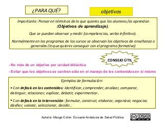 ¿PARA QUÉ?                                   objetivos
     Importante: Pensar en términos de lo que quieres que los alumnos/as aprendan
                            (Objetivos de aprendizaje).
           Que se puedan observar y medir (competencias, verbo infinitivo).
 Normalmente en los programas de los cursos se observan los objetivos de enseñanza o
          generales (lo que quieres conseguir con el programa formativo)


                                                               CONSEJO ÚTIL
- No más de un objetivo por unidad didáctica
- Evitar que los objetivos se centren sólo en el manejo de los contenidos en sí mismo

                                Ejemplos de formulación:
• Con énfasis en los contenidos: Identificar, comprender, analizar, comparar,
distinguir, relacionar, explicar, debatir, experimentar..
• Con énfasis en la intervención: formular, construir, elaborar, organizar, negociar,
diseñar, valorar, seleccionar, decidir…

                   Autoría: Marga Colón. Escuela Andaluza de Salud Pública
 