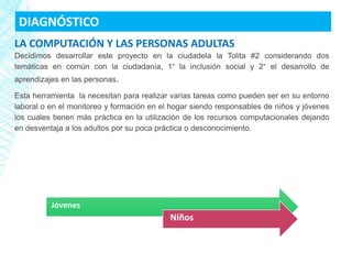 DIAGNÓSTICO
LA COMPUTACIÓN Y LAS PERSONAS ADULTAS
Decidimos desarrollar este proyecto en la ciudadela la Tolita #2 considerando dos
temáticas en común con la ciudadanía, 1° la inclusión social y 2° el desarrollo de
aprendizajes en las personas.

Esta herramienta la necesitan para realizar varias tareas como pueden ser en su entorno
laboral o en el monitoreo y formación en el hogar siendo responsables de niños y jóvenes
los cuales tienen más práctica en la utilización de los recursos computacionales dejando
en desventaja a los adultos por su poca práctica o desconocimiento.




          Jóvenes
                                           Niños
 