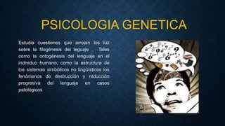 Estudia cuestiones que arrojan los luz
sobre la filogénesis del leguaje , Tales
como la ontogénesis del lenguaje en el
individuo humano, como la estructura de
los sistemas simbólicos no lingüísticos los
fenómenos de destrucción y reducción
progresiva del lenguaje en casos
patológicos
PSICOLOGIA GENETICA
 
