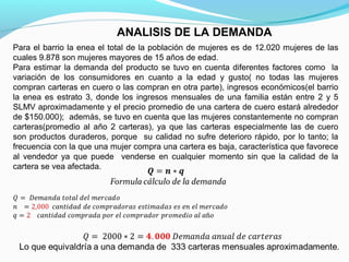 ANALISIS DE LA DEMANDA
Para el barrio la enea el total de la población de mujeres es de 12.020 mujeres de las
cuales 9.878 son mujeres mayores de 15 años de edad.
Para estimar la demanda del producto se tuvo en cuenta diferentes factores como la
variación de los consumidores en cuanto a la edad y gusto( no todas las mujeres
compran carteras en cuero o las compran en otra parte), ingresos económicos(el barrio
la enea es estrato 3, donde los ingresos mensuales de una familia están entre 2 y 5
SLMV aproximadamente y el precio promedio de una cartera de cuero estará alrededor
de $150.000); además, se tuvo en cuenta que las mujeres constantemente no compran
carteras(promedio al año 2 carteras), ya que las carteras especialmente las de cuero
son productos duraderos, porque su calidad no sufre deterioro rápido, por lo tanto; la
frecuencia con la que una mujer compra una cartera es baja, característica que favorece
al vendedor ya que puede venderse en cualquier momento sin que la calidad de la
cartera se vea afectada.

 