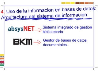 4. Uso de la informacion en bases de datos: 
Arquitectura del sistema de informacion 
Sistema integrado de gestion 
bibliotecaria 
Gestor de bases de datos 
documentales 
 