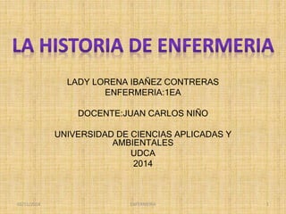 LADY LORENA IBAÑEZ CONTRERAS 
ENFERMERIA:1EA 
DOCENTE:JUAN CARLOS NIÑO 
UNIVERSIDAD DE CIENCIAS APLICADAS Y 
AMBIENTALES 
UDCA 
2014 
02/11/2014 ENFERMERIA 1 
 