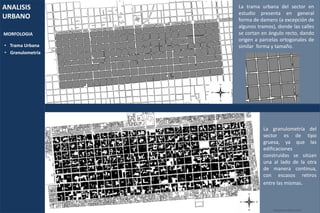 ANALISIS
URBANO
MORFOLOGIA
La trama urbana del sector en
estudio presenta en general
forma de damero (a excepción de
algunos tramos), donde las calles
se cortan en ángulo recto, dando
origen a parcelas ortogonales de
similar forma y tamaño.
La granulometría del
sector es de tipo
gruesa, ya que las
edificaciones
construidas se sitúan
una al lado de la otra
de manera continua,
con escasos retiros
entre las mismas.
• Trama Urbana
• Granulometría
Elaborado por William Ocanto
 