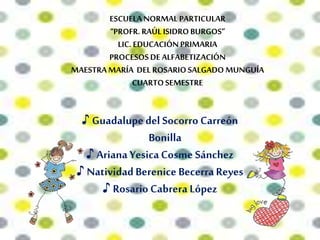 ESCUELA NORMAL PARTICULAR
“PROFR. RAÚLISIDROBURGOS”
LIC. EDUCACIÓNPRIMARIA
PROCESOSDE ALFABETIZACIÓN
MAESTRAMARÍA DEL ROSARIOSALGADO MUNGUÍA
CUARTOSEMESTRE
♪ Guadalupedel Socorro Carreón
Bonilla
♪ Ariana YesicaCosme Sánchez
♪ NatividadBerenice BecerraReyes
♪ Rosario Cabrera López
 