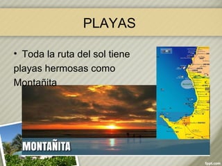 PLAYAS
• Toda la ruta del sol tiene
playas hermosas como
Montañita