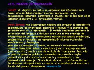 A) EL PROCESO DE PRODUCCIÓN
Levelt: el objetivo del habla es comunicar una intención; para
hacer esto se deben realizar diversas operaciones, cuya
secuenciacion integrada constituye el proceso por el que pasa de la
intencion discursiva a la articulación textual.
Otros autores han desarrollado modelos que conjugan la perspectiva
psicolingüista de orientación discursiva o textual y la cognitiva del
procesamiento de la información. El modelo resultante presenta la
produccion del lenguaje o discurso como una teoria compleja de
transformación de representaciones macroestructurales semánticas,
pragmáticas y textuales en representación microestructurales,
morfolexicas y fonológicas.
para que se produzca un texto, es necesario transformar este
conjunto intencional (ideas y emociones ) en un lenguaje material
(oral o escrito ) que le sirva de vehículo de transmisión. Para ello
es preciso poner en palabras, ordenadas de acuerdo a reglas
gramaticales y discursivas (coherencia y redundancia ), los
contenidos del mensaje. El resultado de esta transformación son
las diversas microposiciones en que se va concretando el discurso a
través del proceso denominado comunicación.
 