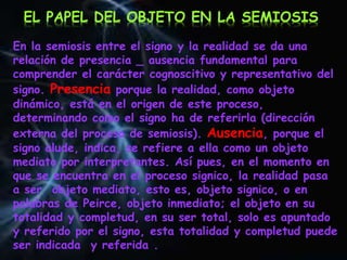 En la semiosis entre el signo y la realidad se da una
relación de presencia _ ausencia fundamental para
comprender el carácter cognoscitivo y representativo del
signo. Presencia porque la realidad, como objeto
dinámico, está en el origen de este proceso,
determinando como el signo ha de referirla (dirección
externa del proceso de semiosis). Ausencia, porque el
signo alude, indica, se refiere a ella como un objeto
mediato por interpretantes. Así pues, en el momento en
que se encuentra en el proceso signico, la realidad pasa
a ser objeto mediato, esto es, objeto signico, o en
palabras de Peirce, objeto inmediato; el objeto en su
totalidad y completud, en su ser total, solo es apuntado
y referido por el signo, esta totalidad y completud puede
ser indicada y referida .
EL PAPEL DEL OBJETO EN LA SEMIOSIS
 