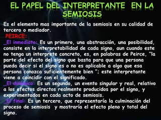 Es el elemento mas importante de la semiosis en su calidad de
tercero o mediador.
PEIRCE:
_El inmediato: Es un primero, una abstracción, una posibilidad,
consiste en la interpretabilidad de cada signo, aun cuando este
no tenga un interprete concreto, es, en palabras de Peirce, “la
parte del efecto del signo que basta para que una persona
pueda decir si el signo es o no es aplicable a algo que esa
persona conozca suficientemente bien ”; este interpretante
viene a coincidir con el significado.
_El dinámico: Es un segundo, un evento singular y real, relativo
a los efectos directos realmente producidos por el signo, y
experimentados en cada acto de semiosis.
_El final: Es un tercero, que representaría la culminación del
proceso de semiosis y mostraría el efecto pleno y total del
signo.
EL PAPEL DEL INTERPRETANTE EN LA
SEMIOSIS
 